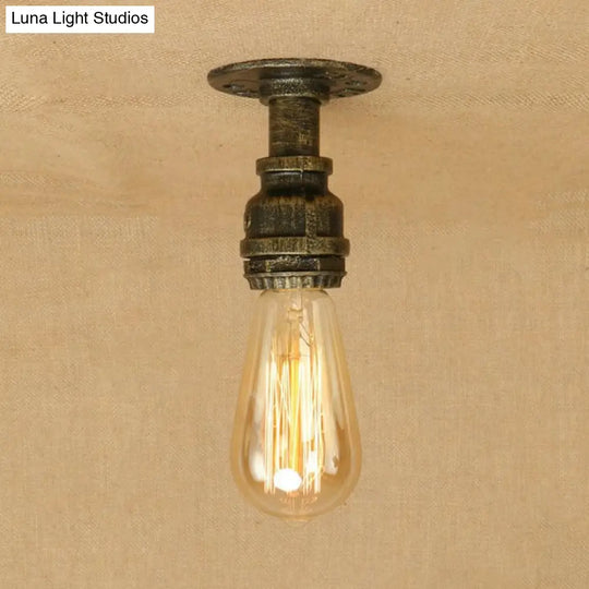 Semi Flush Industrial Rustic Ceiling Lamp - Open Bulb Iron Head In Bronze/Antique Brass For