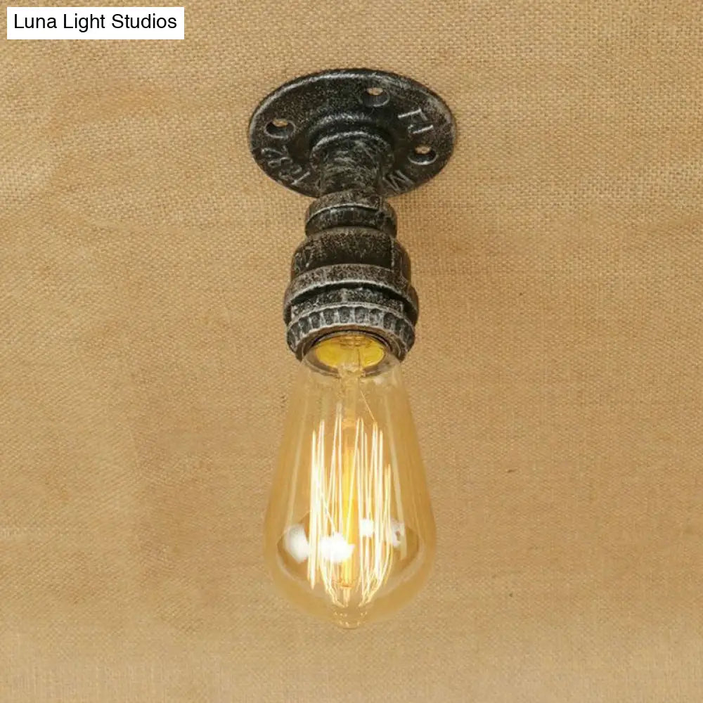 Semi Flush Industrial Rustic Ceiling Lamp - Open Bulb Iron Head In Bronze/Antique Brass For