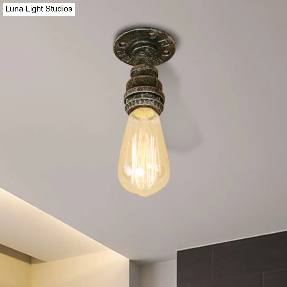 Semi Flush Industrial Rustic Ceiling Lamp - Open Bulb Iron Head In Bronze/Antique Brass For