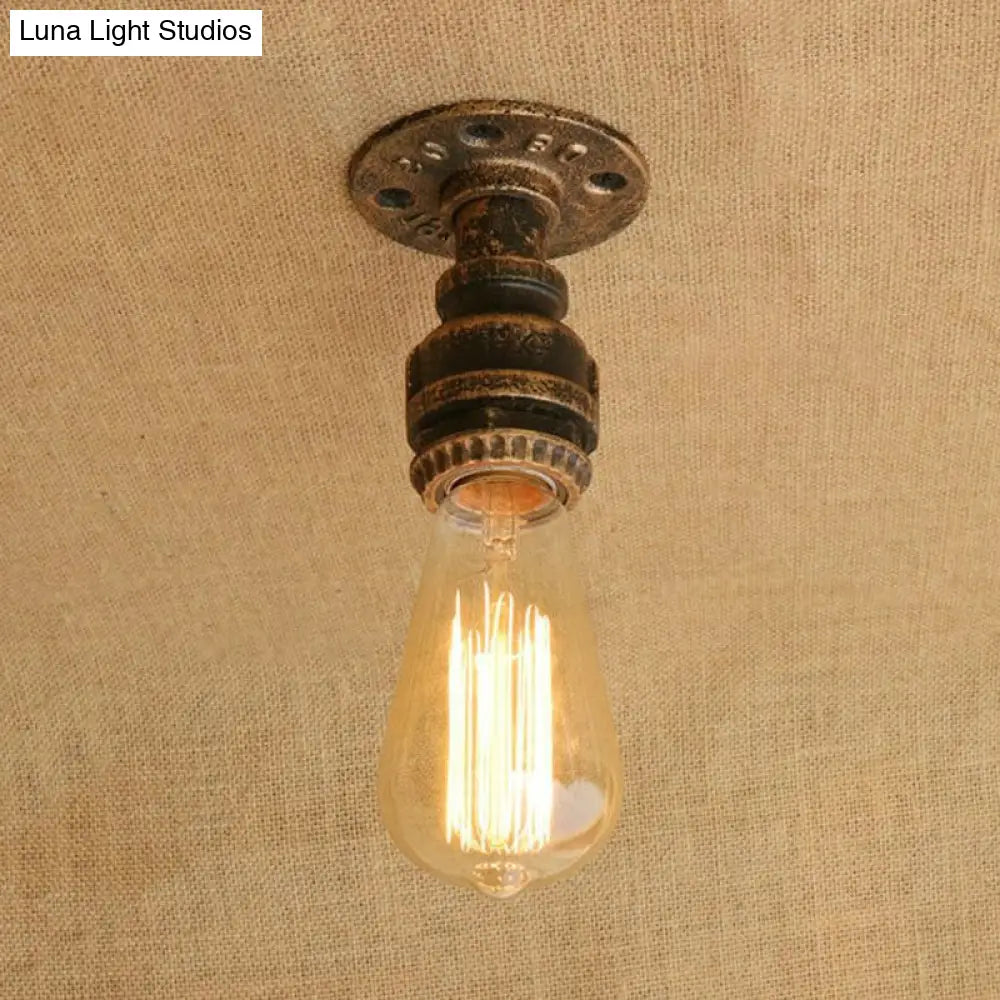 Semi Flush Industrial Rustic Ceiling Lamp - Open Bulb Iron Head In Bronze/Antique Brass For
