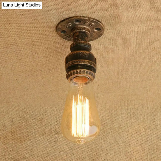 Semi Flush Industrial Rustic Ceiling Lamp - Open Bulb Iron Head In Bronze/Antique Brass For