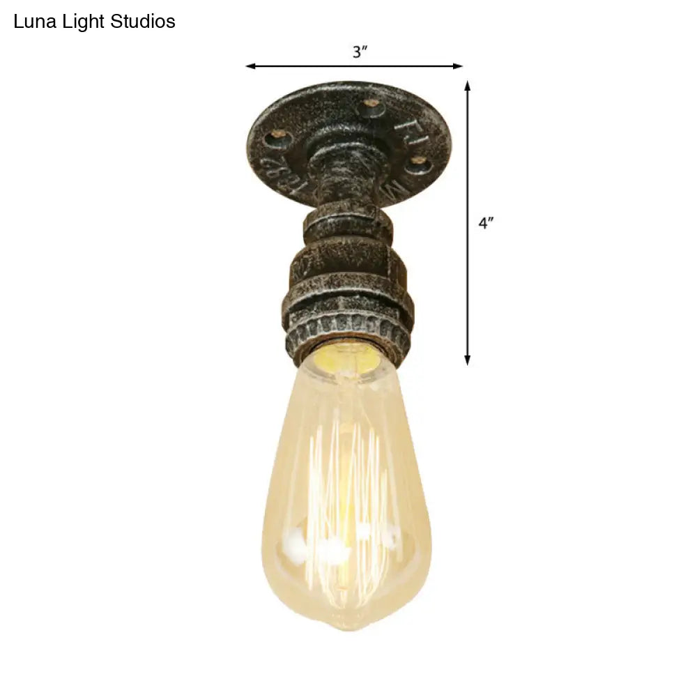 Semi Flush Industrial Rustic Ceiling Lamp - Open Bulb Iron Head In Bronze/Antique Brass For