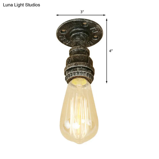 Semi Flush Industrial Rustic Ceiling Lamp - Open Bulb Iron Head In Bronze/Antique Brass For
