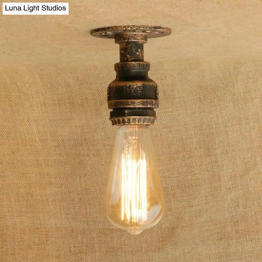 Semi Flush Industrial Rustic Ceiling Lamp - Open Bulb Iron Head In Bronze/Antique Brass For