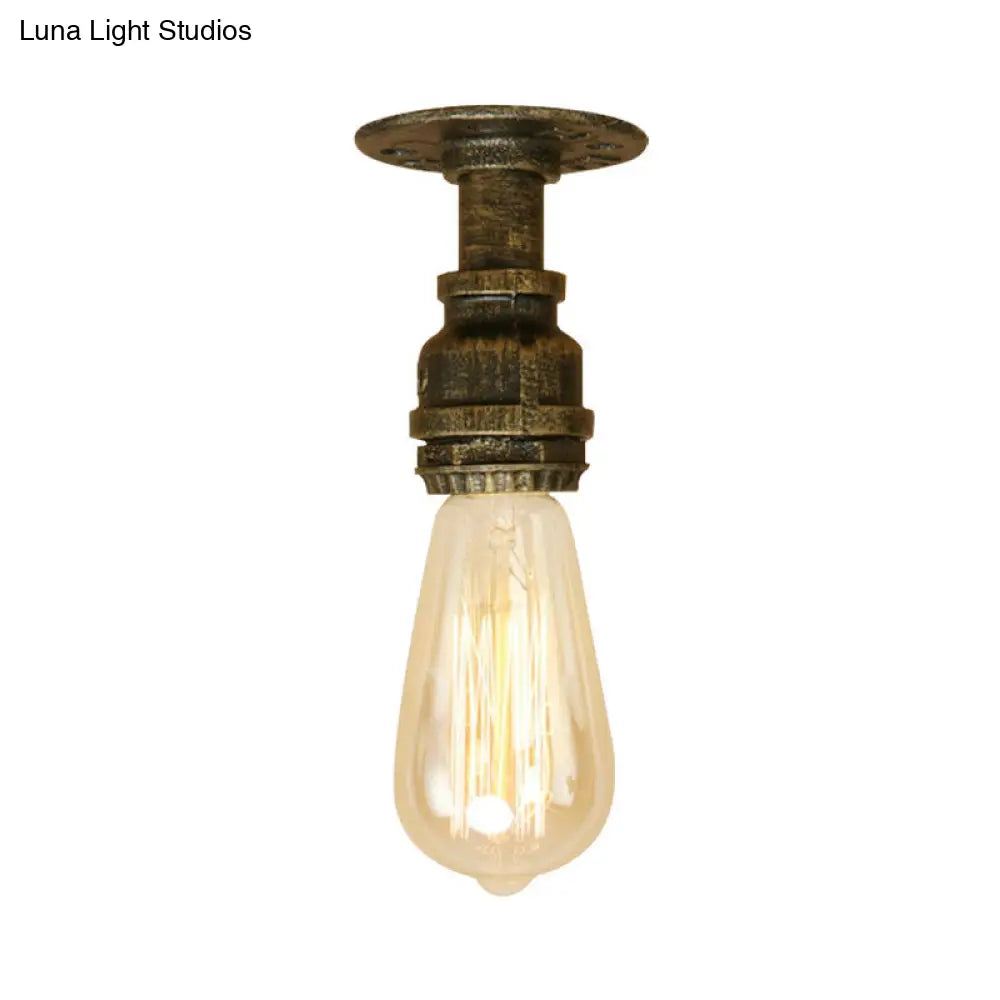 Semi Flush Industrial Rustic Ceiling Lamp - Open Bulb Iron Head In Bronze/Antique Brass For