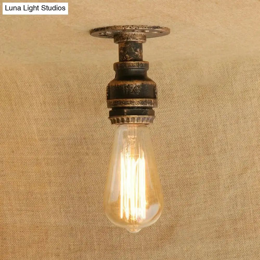 Semi Flush Industrial Rustic Ceiling Lamp - Open Bulb Iron Head In Bronze/Antique Brass For