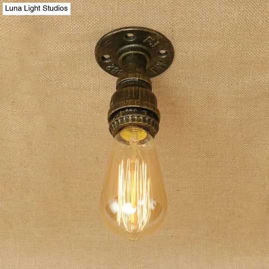 Semi Flush Industrial Rustic Ceiling Lamp - Open Bulb Iron Head In Bronze/Antique Brass For