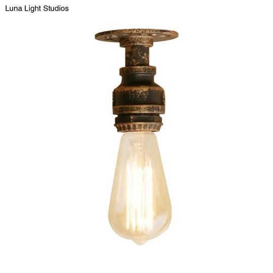 Semi Flush Industrial Rustic Ceiling Lamp - Open Bulb Iron Head In Bronze/Antique Brass For