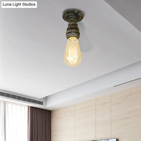 Semi Flush Industrial Rustic Ceiling Lamp - Open Bulb Iron Head In Bronze/Antique Brass For