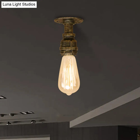 Semi Flush Industrial Rustic Ceiling Lamp - Open Bulb Iron Head In Bronze/Antique Brass For