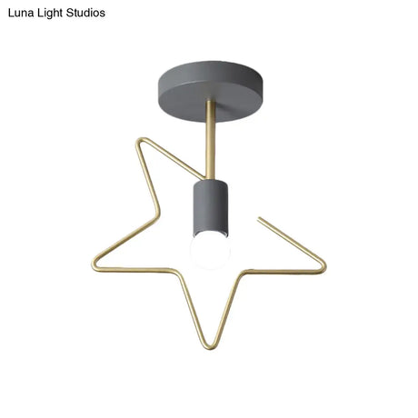 Semi Flush Macaron Iron Ceiling Light With Star/Loving Heart Frame - 1 - Light Grey/White/Green