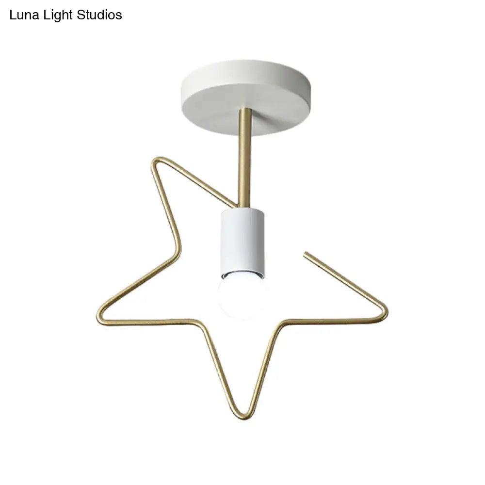 Semi Flush Macaron Iron Ceiling Light With Star/Loving Heart Frame - 1-Light Grey/White/Green Finish