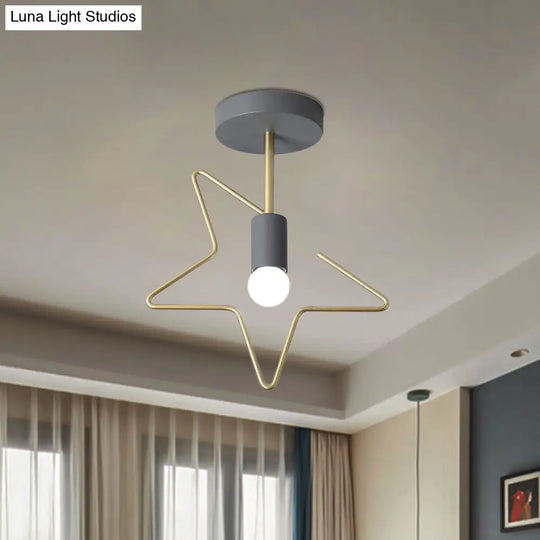 Semi Flush Macaron Iron Ceiling Light With Star/Loving Heart Frame - 1 - Light Grey/White/Green