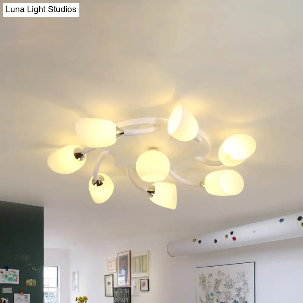 Semi Flush Modern White Spiral 6/8 Light For Living Room With Tulip Opal Glass Shade 8 /