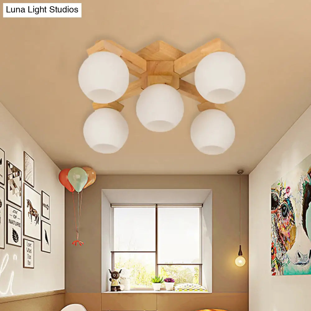 Semi Flush Mount Asian Ceiling Light Fixture - Wood Global Design With 5 Bulbs And White Frosted