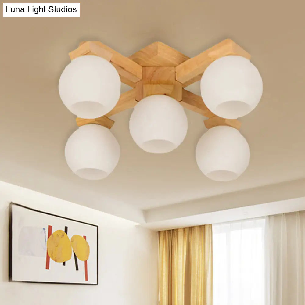 Semi Flush Mount Asian Ceiling Light Fixture - Wood Global Design With 5 Bulbs And White Frosted