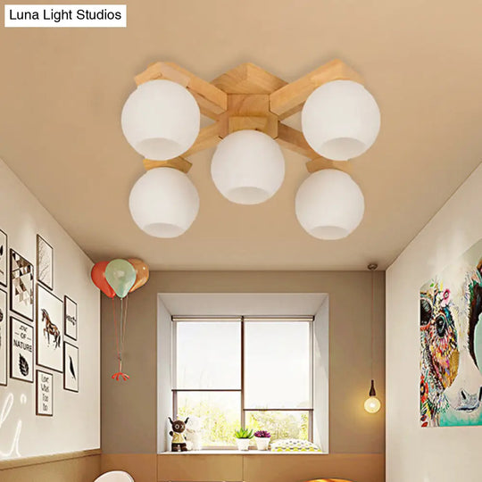 Semi Flush Mount Asian Ceiling Light Fixture - Wood Global Design With 5 Bulbs And White Frosted