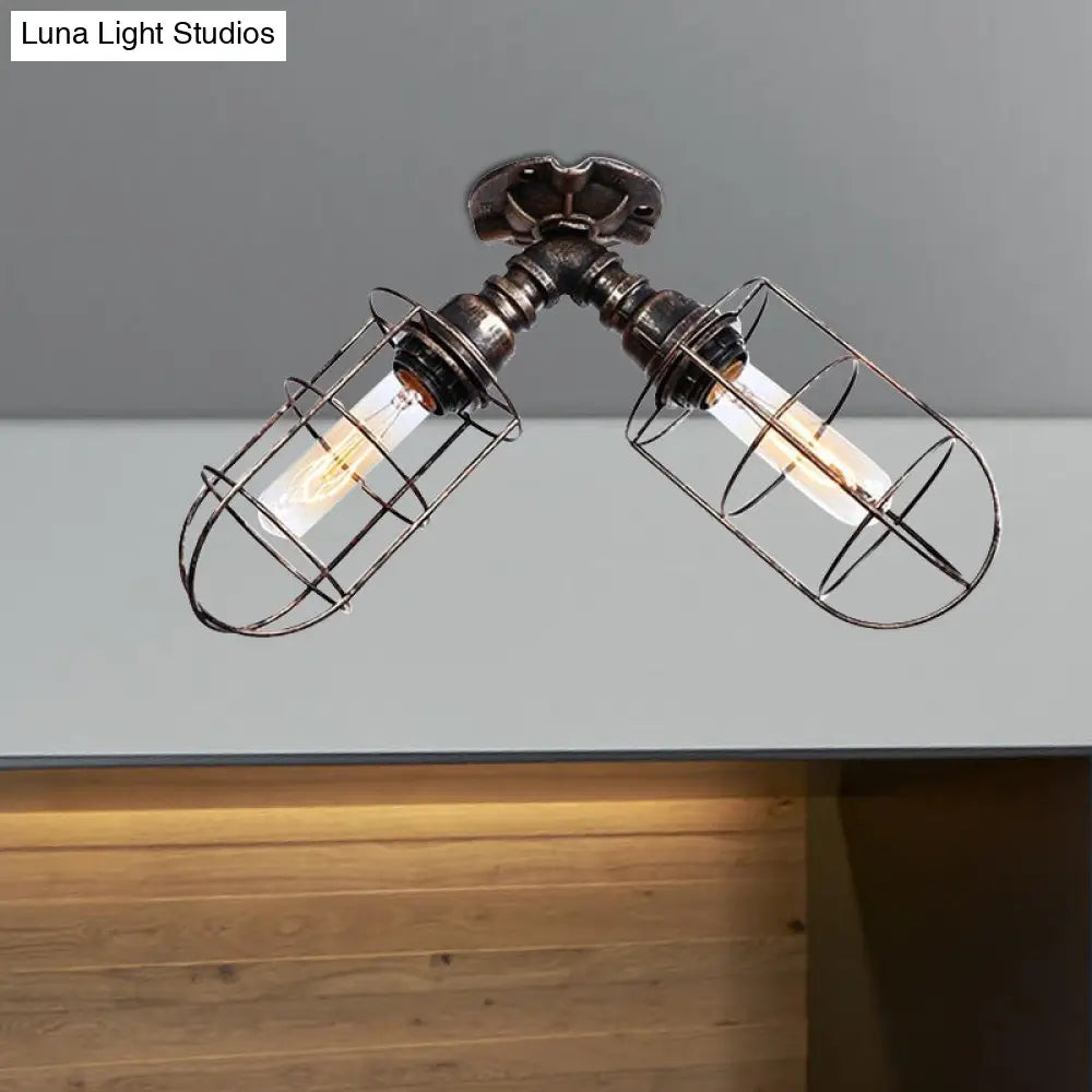 Semi-Flush Mount Cage Light With Coastal Style For Living Room - Wrought Iron 2 Bulbs Aged