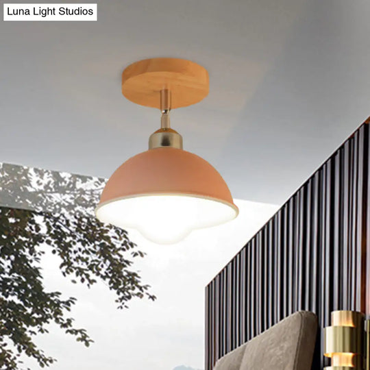 Semi Flush Mount Ceiling Light: 1 Head Rotatable Metal Macaron Dome Shade Indoor Pink/Yellow Design