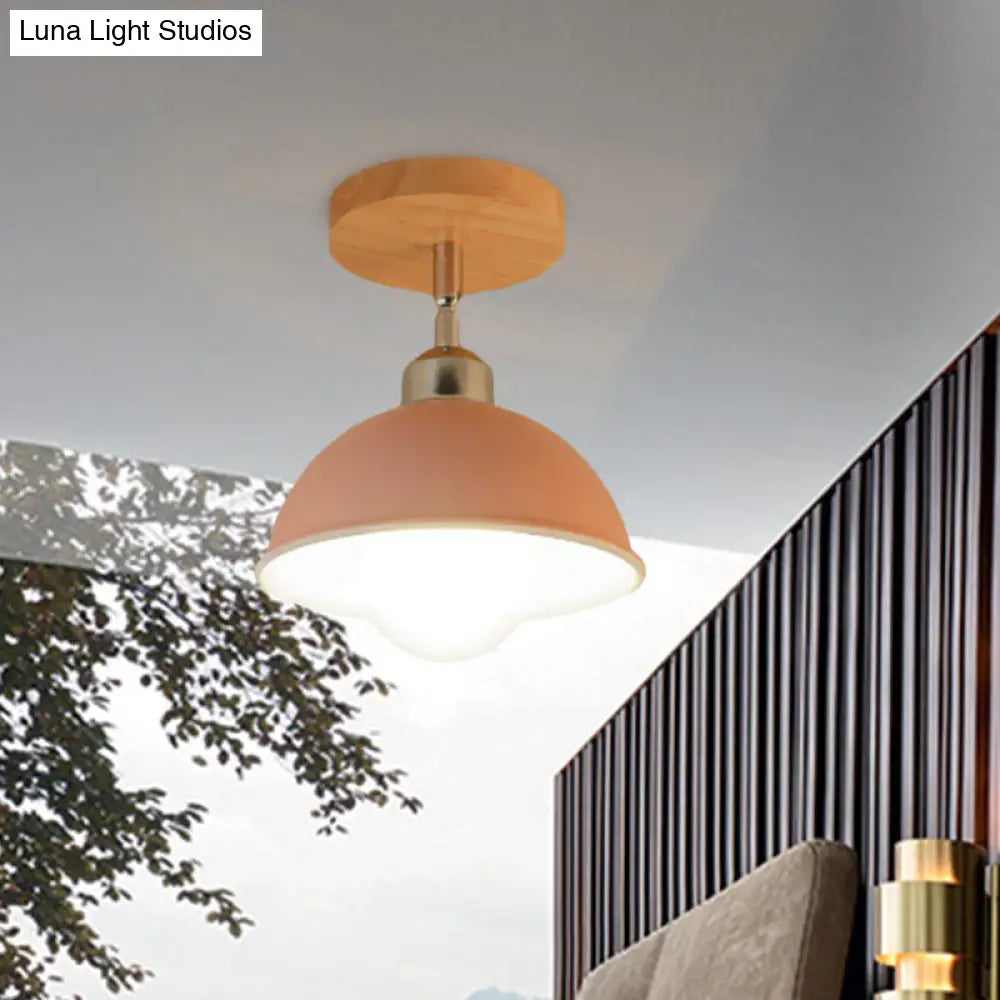Semi Flush Mount Ceiling Light: 1 Head Rotatable Metal Macaron Dome Shade Indoor Pink/Yellow Design