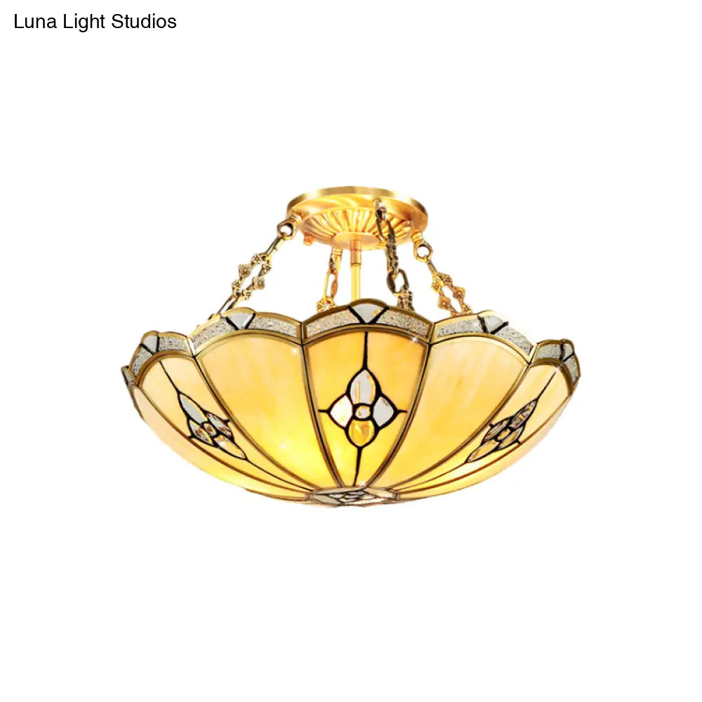 Semi-Flush Mount Colonial Bedroom Light Fixture - 4 Bulbs Frosted Glass Brass Finish Close To
