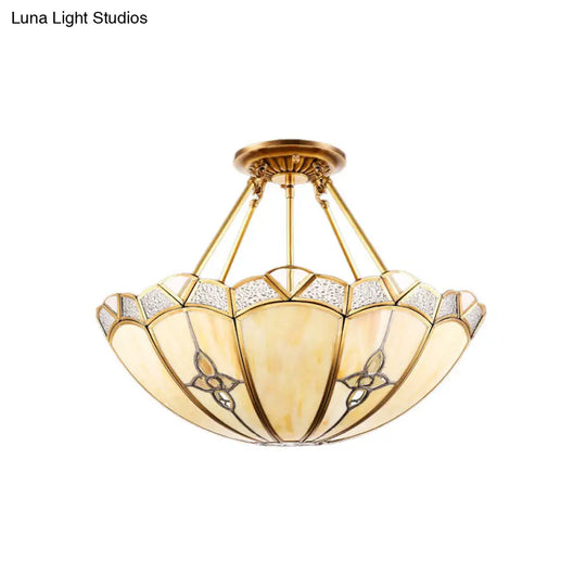 Semi-Flush Mount Colonial Bedroom Light Fixture - 4 Bulbs Frosted Glass Brass Finish Close To