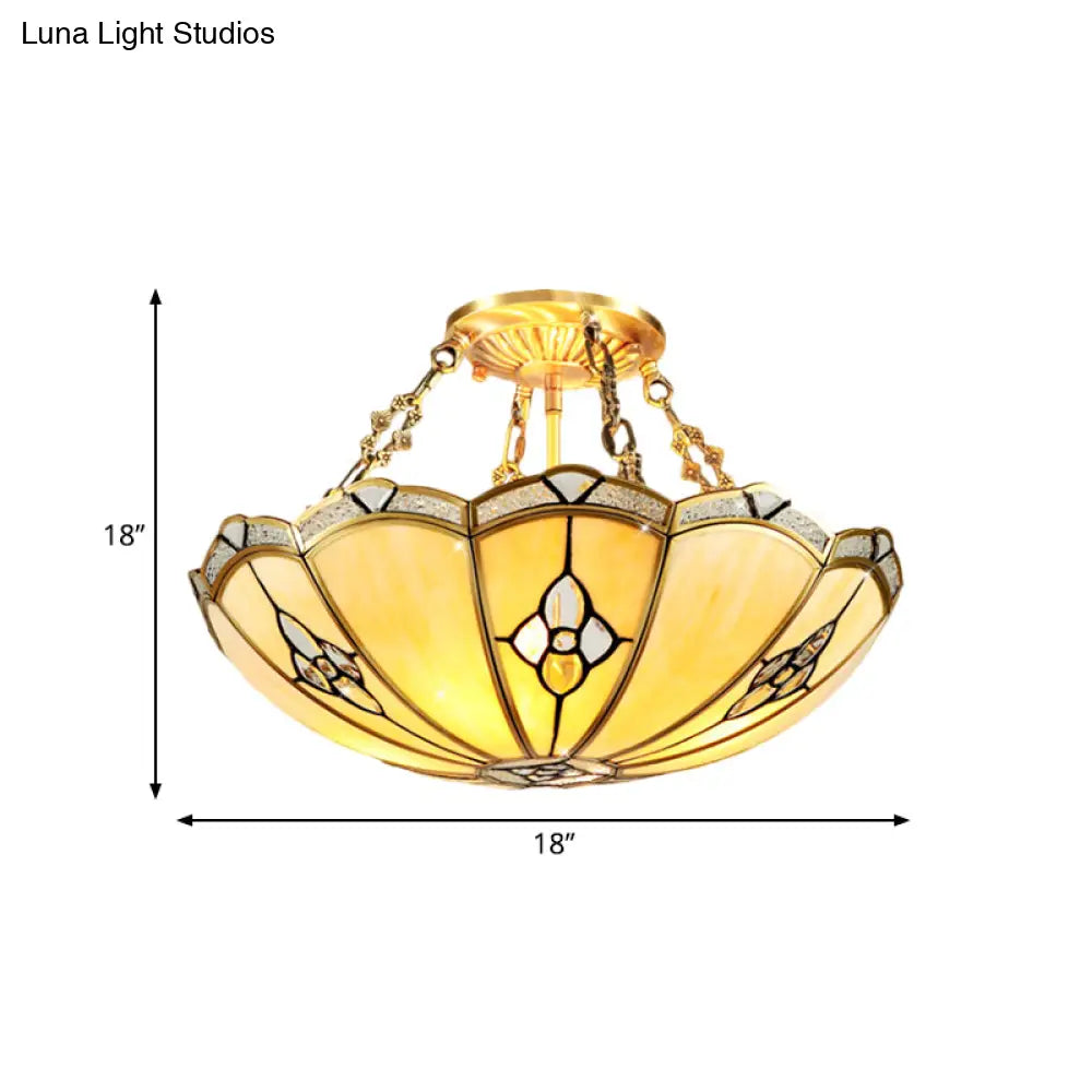 Semi-Flush Mount Colonial Bedroom Light Fixture - 4 Bulbs Frosted Glass Brass Finish Close To