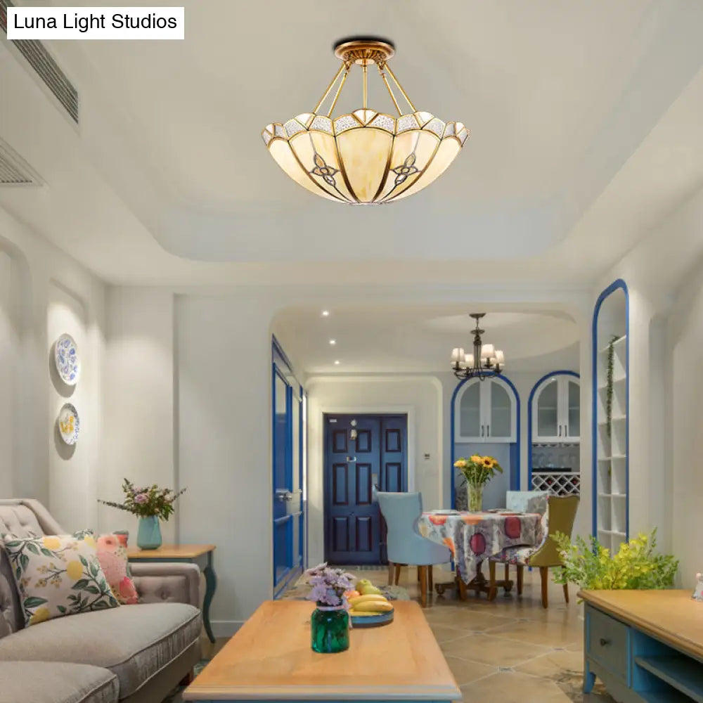 Semi-Flush Mount Colonial Bedroom Light Fixture - 4 Bulbs Frosted Glass Brass Finish Close To
