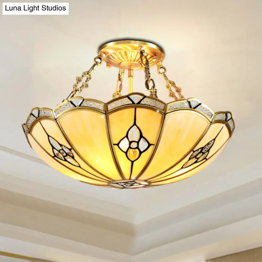Semi-Flush Mount Colonial Bedroom Light Fixture - 4 Bulbs Frosted Glass Brass Finish Close To