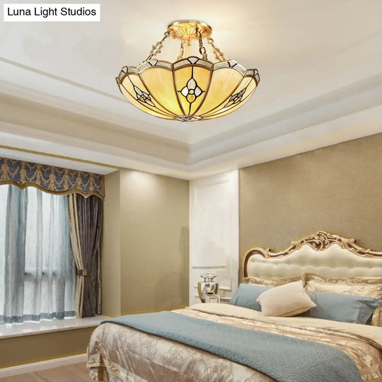 Semi-Flush Mount Colonial Bedroom Light Fixture - 4 Bulbs Frosted Glass Brass Finish Close To