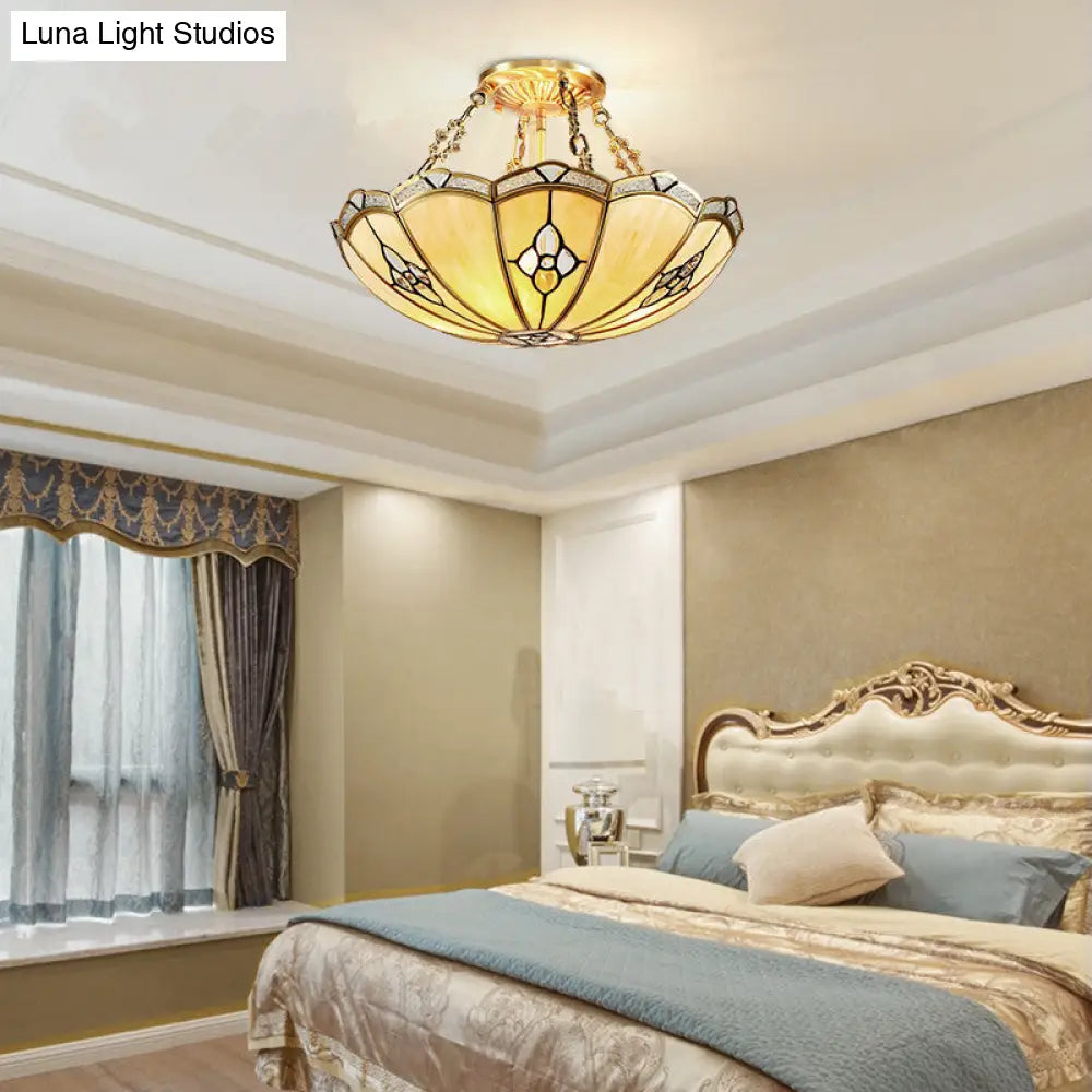 Semi-Flush Mount Colonial Bedroom Light Fixture - 4 Bulbs Frosted Glass Brass Finish Close To