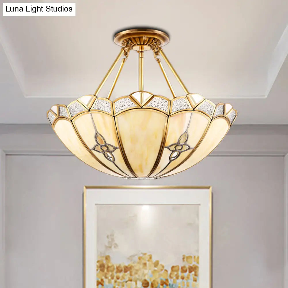 Semi-Flush Mount Colonial Bedroom Light Fixture - 4 Bulbs Frosted Glass Brass Finish Close To
