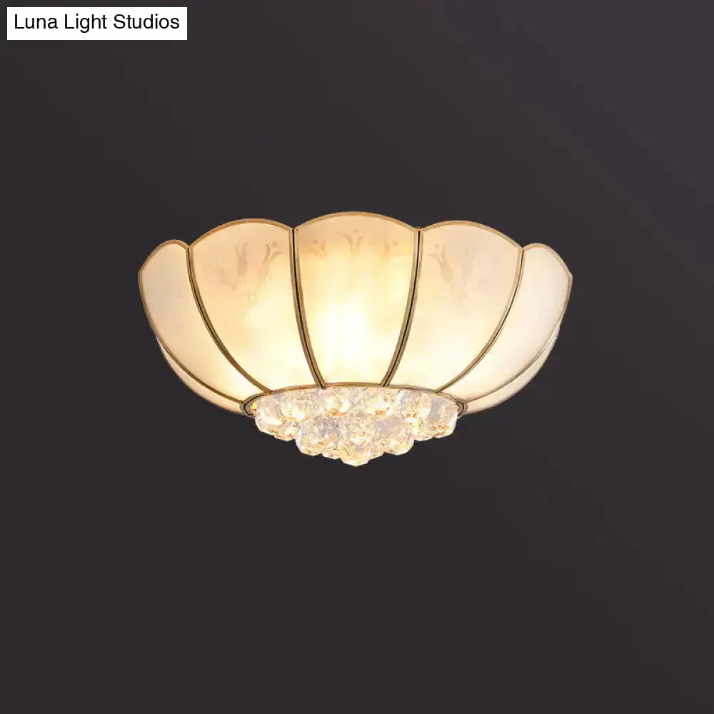 Semi Flush Mount Farmhouse Bowl Light With Frosted Glass Brass Finish And Orb Crystal Accent / 23’