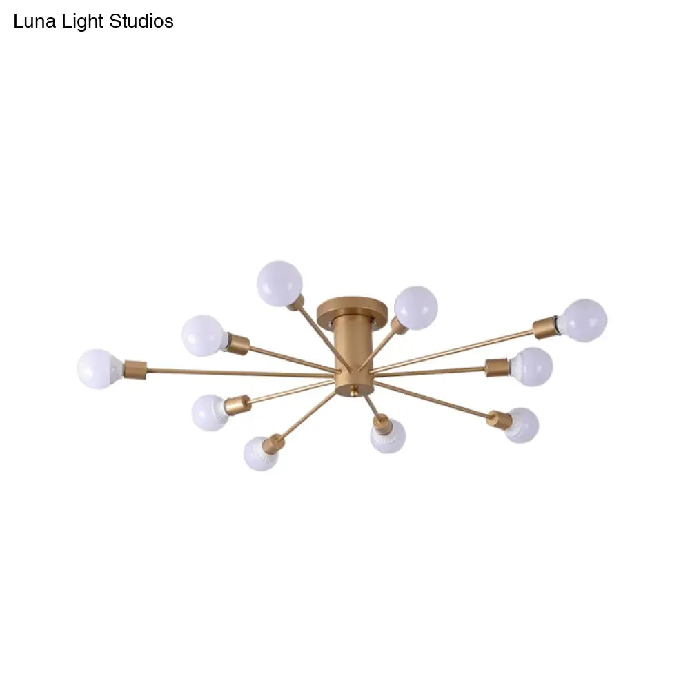 Semi Flush Mount Industrial Gold Metal Ceiling Light Fixture - Exposed Lights Ideal For Living Room