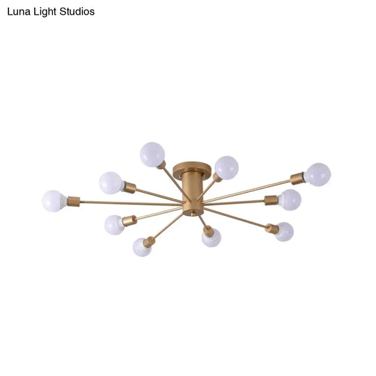 Semi Flush Mount Industrial Gold Metal Ceiling Light Fixture - Exposed Lights Ideal For Living Room