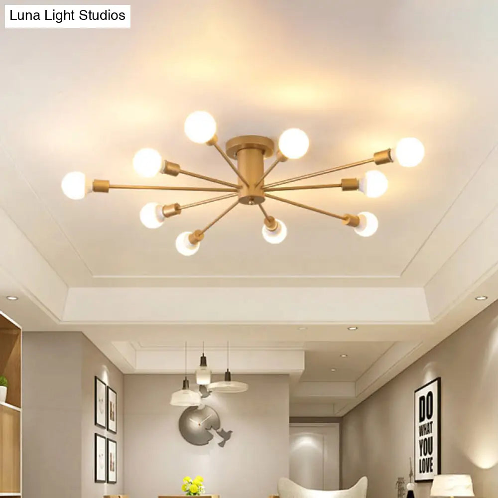 Semi Flush Mount Industrial Gold Metal Ceiling Light Fixture - Exposed Lights Ideal For Living Room