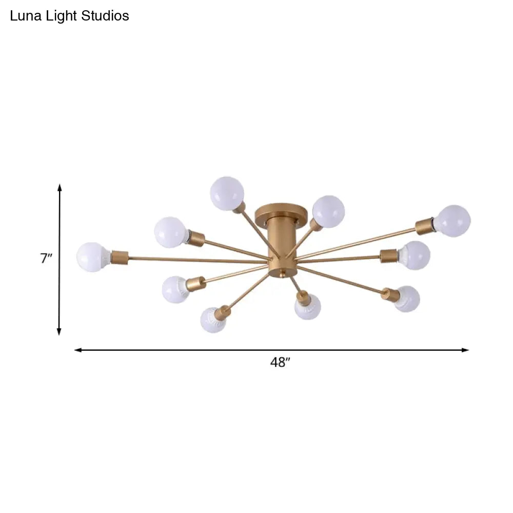 Semi Flush Mount Industrial Gold Metal Ceiling Light Fixture - Exposed Lights Ideal For Living Room