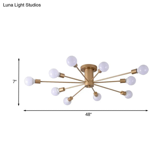 Semi Flush Mount Industrial Gold Metal Ceiling Light Fixture - Exposed Lights Ideal For Living Room