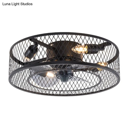 Semi Flush Mount Metal Ceiling Light Fixture - Industrial Style Cage Drum For Bedroom Black