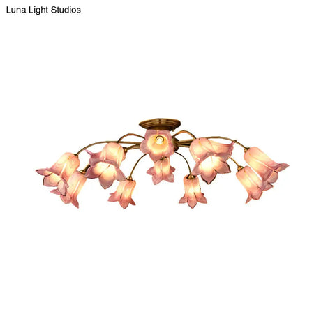 Semi Flush Mount Minimalism Blossom Ceiling Lamp With 12 White/Purple Glass Lights For Bedroom