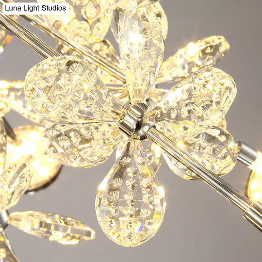Semi Flush Mount Modernist Flower Crystal Ceiling Lamp - 13 Heads Silver Finish For Living Room