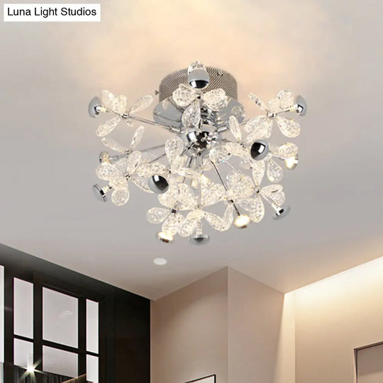 Semi Flush Mount Modernist Flower Crystal Ceiling Lamp - 13 Heads Silver Finish For Living Room