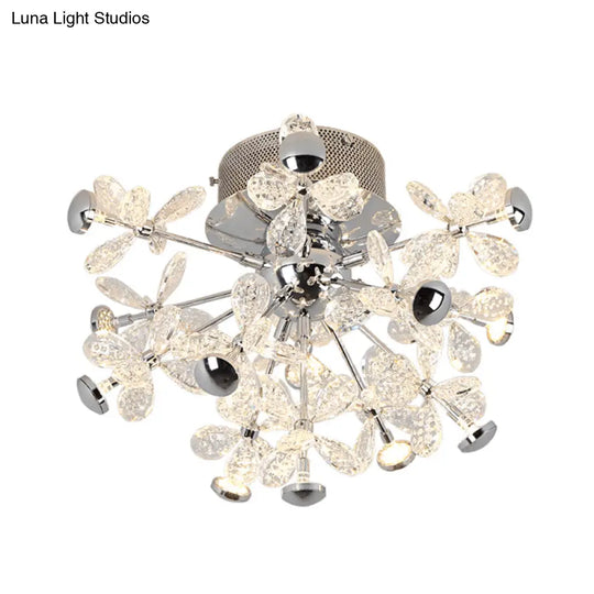 Semi Flush Mount Modernist Flower Crystal Ceiling Lamp - 13 Heads Silver Finish For Living Room