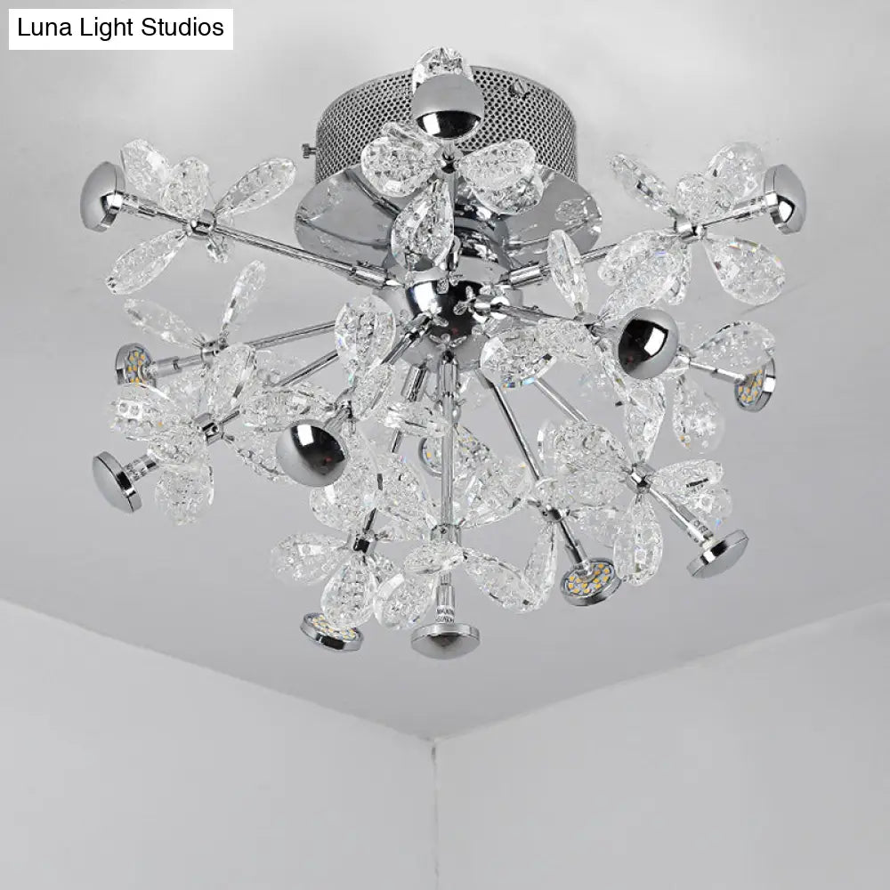 Semi Flush Mount Modernist Flower Crystal Ceiling Lamp - 13 Heads Silver Finish For Living Room