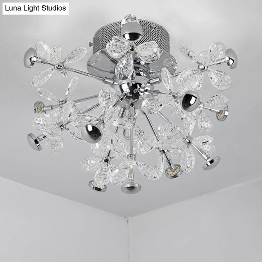 Semi Flush Mount Modernist Flower Crystal Ceiling Lamp - 13 Heads Silver Finish For Living Room