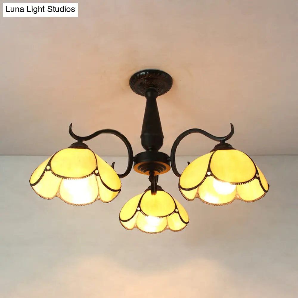 Semi Flush Mount Stained Glass Ceiling Light Fixture With 3 Domed Retro Style Heads -