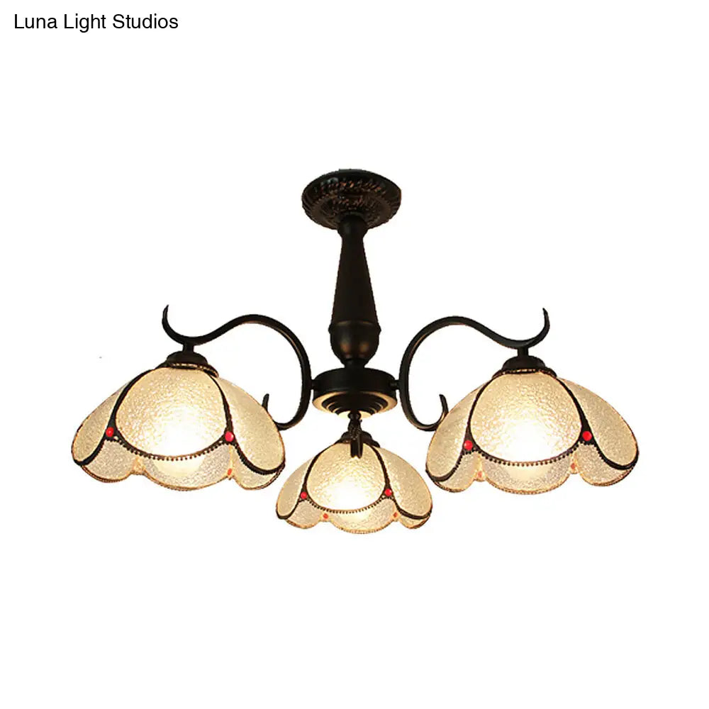 Semi Flush Mount Stained Glass Ceiling Light Fixture With 3 Domed Retro Style Heads -
