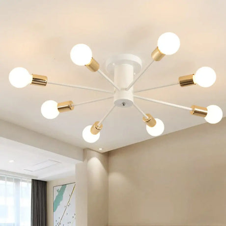 Semi Flush Mount Vintage Ceiling Light Fixture 6/8 Heads Black/White Metallic For Kitchen 8 / White