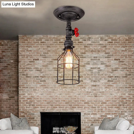 Semi Flush Mount Warehouse Wire Cage Light With Valve Wheel - 1 Bulb Wrought Iron Ceiling Lighting