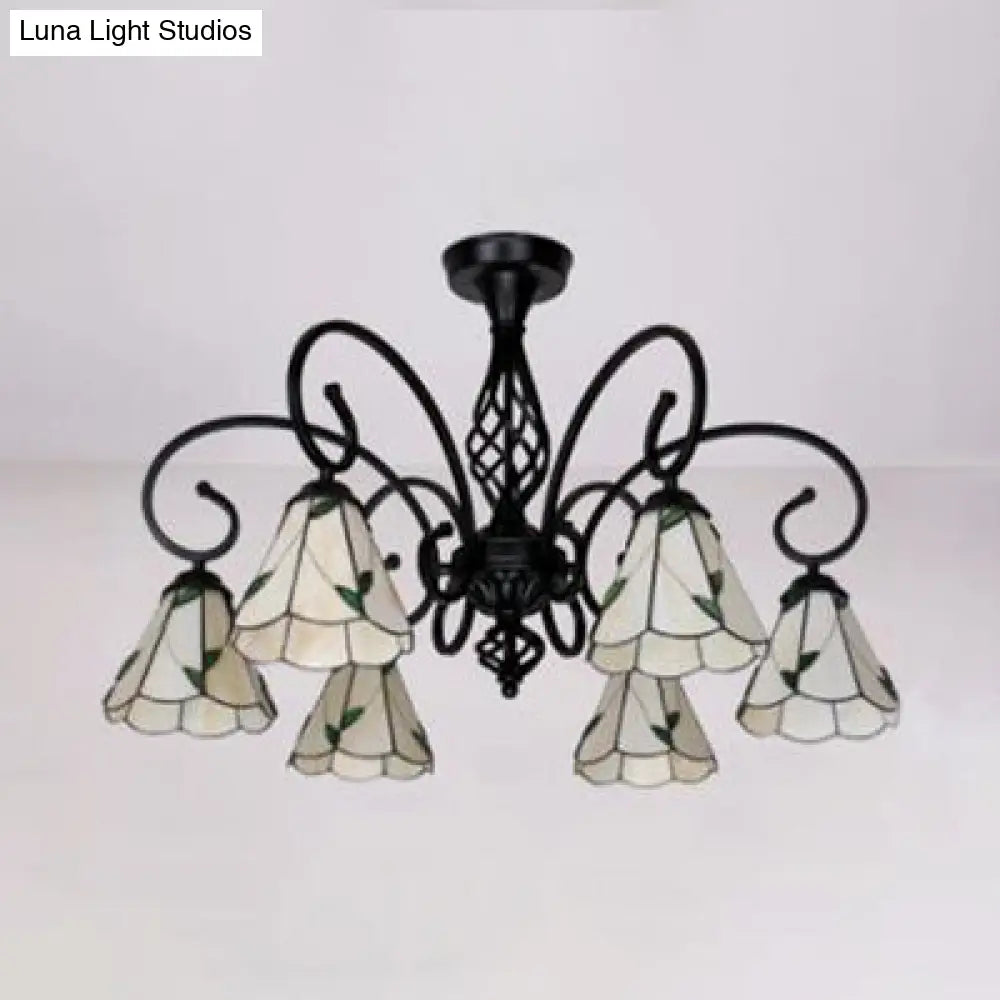 Semi Flush Tiffany Lighting With Curved Arm - Choose From 3 5 Or 6 Lights Stained Glass In White